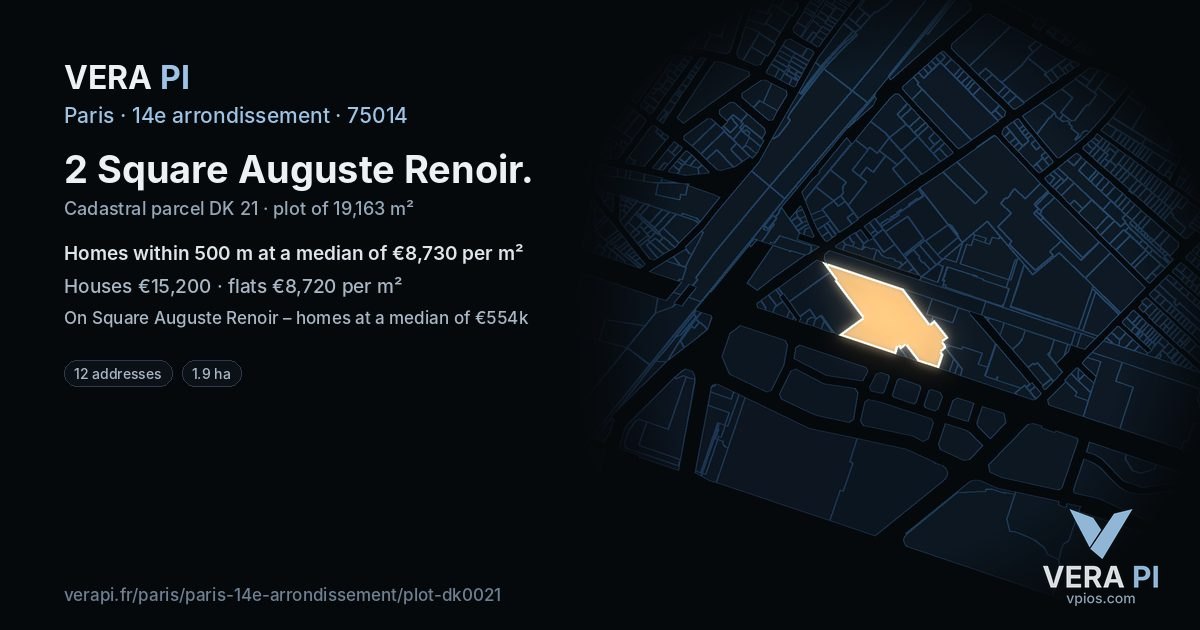 2 Square Auguste Renoir, 14e arrondissement at night – the plot lit, the parcels around coloured by the prices near them