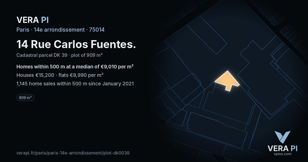 14 Rue Carlos Fuentes, 14e arrondissement at night – the plot lit, the parcels around coloured by the prices near them
