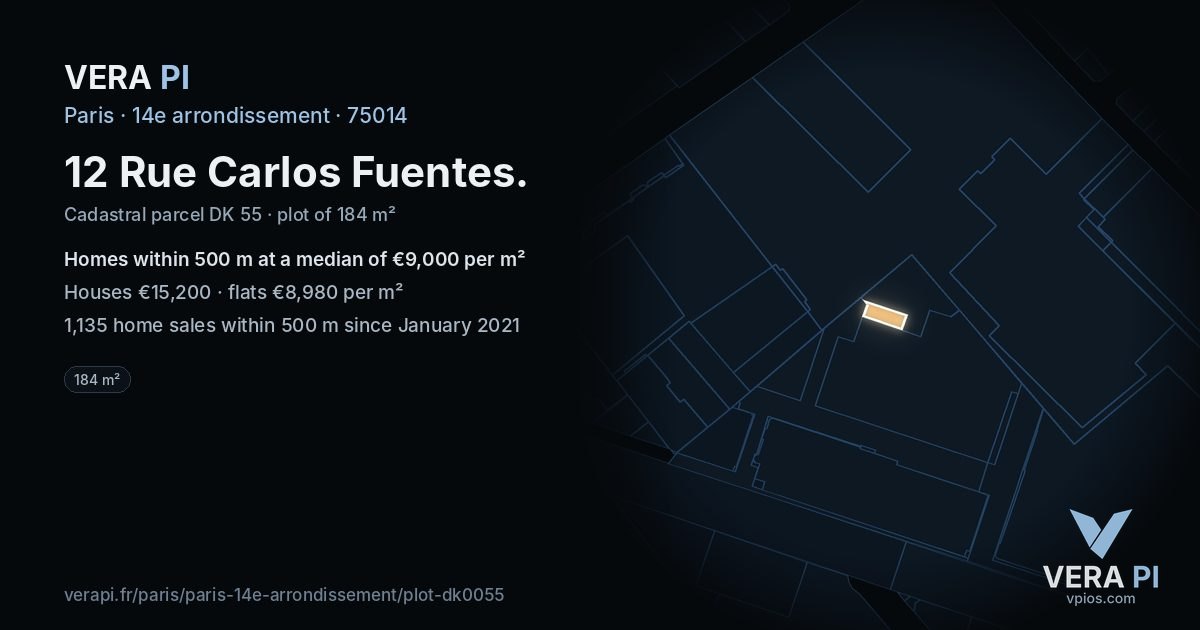 12 Rue Carlos Fuentes, 14e arrondissement at night – the plot lit, the parcels around coloured by the prices near them