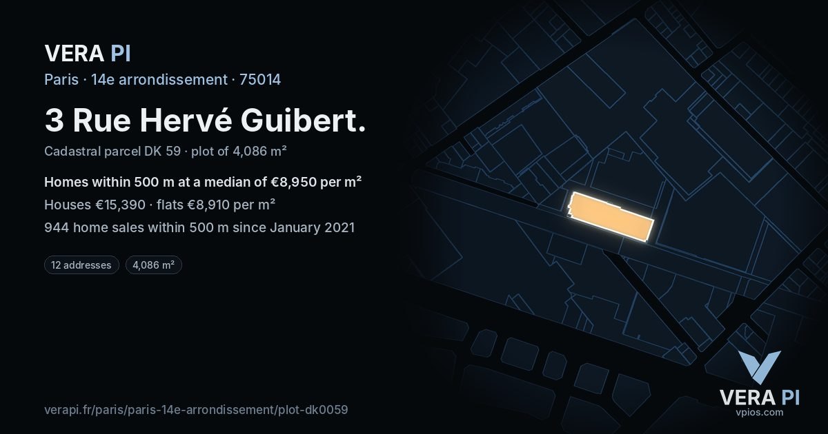 3 Rue Hervé Guibert, 14e arrondissement at night – the plot lit, the parcels around coloured by the prices near them