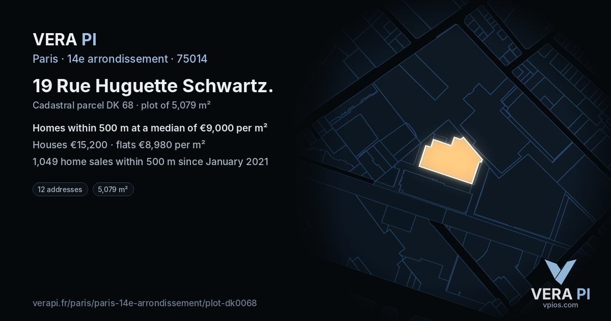 19 Rue Huguette Schwartz, 14e arrondissement at night – the plot lit, the parcels around coloured by the prices near them