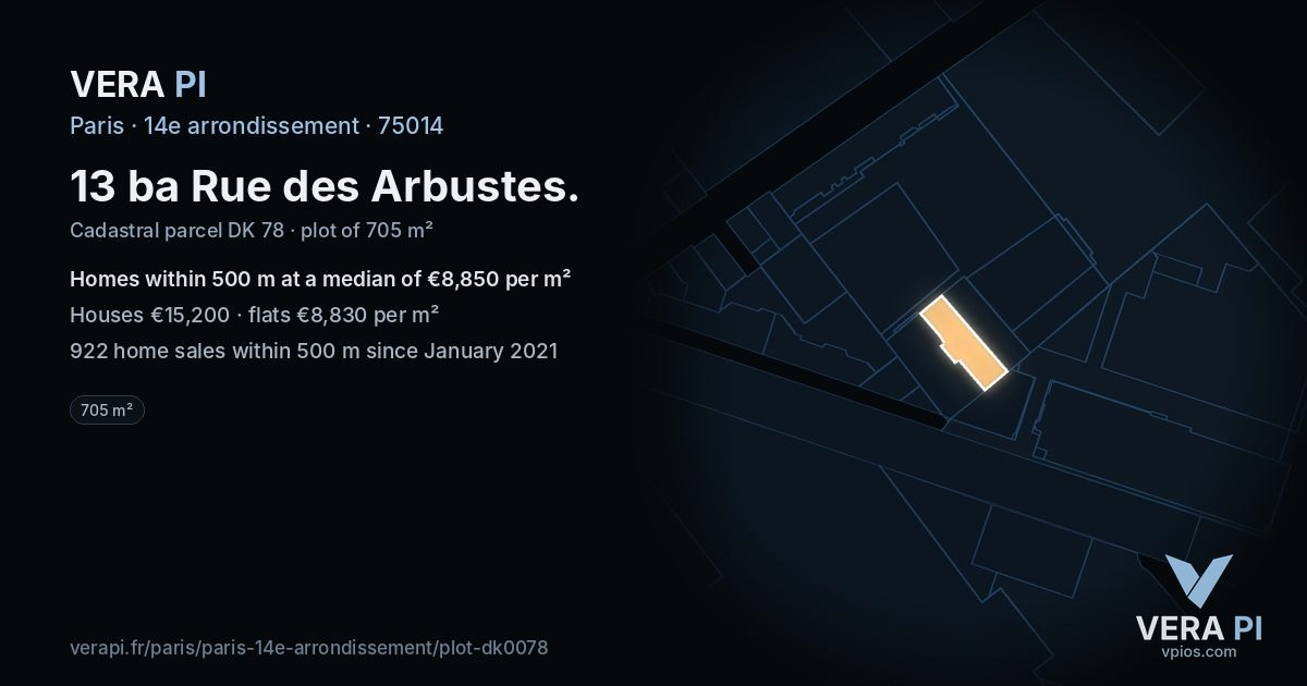 13 ba Rue des Arbustes, 14e arrondissement at night – the plot lit, the parcels around coloured by the prices near them