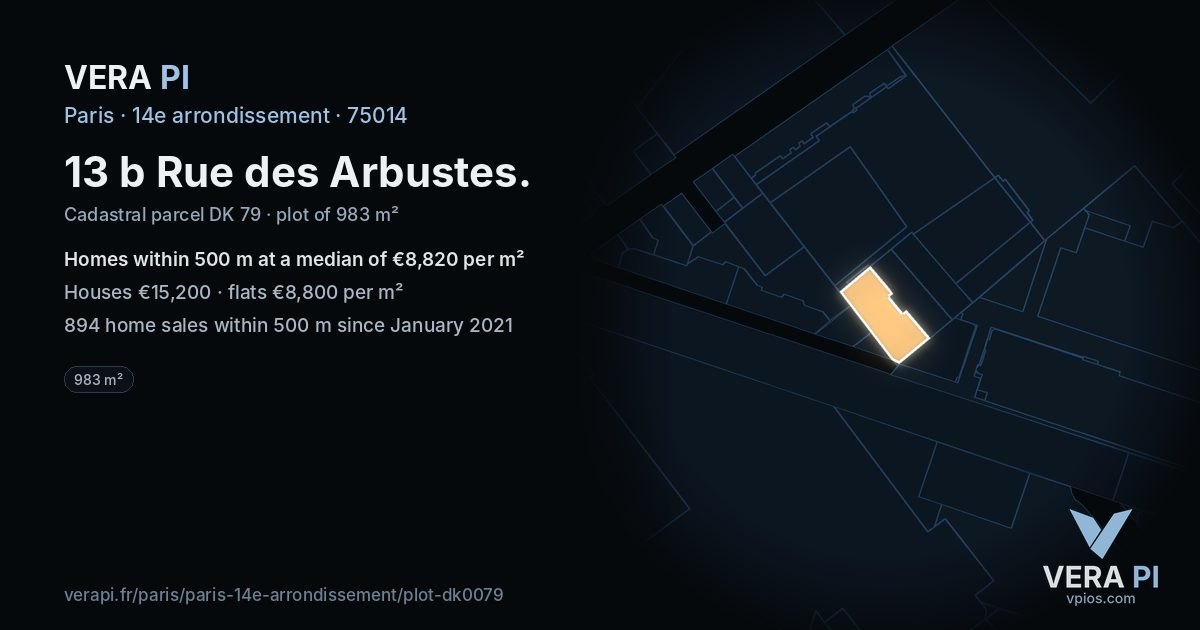 13 b Rue des Arbustes, 14e arrondissement at night – the plot lit, the parcels around coloured by the prices near them