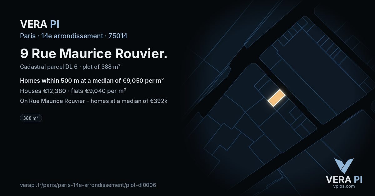 9 Rue Maurice Rouvier, 14e arrondissement at night – the plot lit, the parcels around coloured by the prices near them