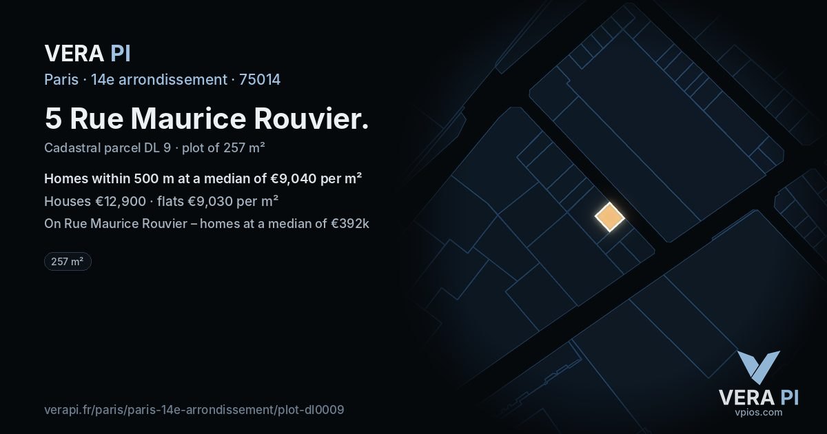 5 Rue Maurice Rouvier, 14e arrondissement at night – the plot lit, the parcels around coloured by the prices near them