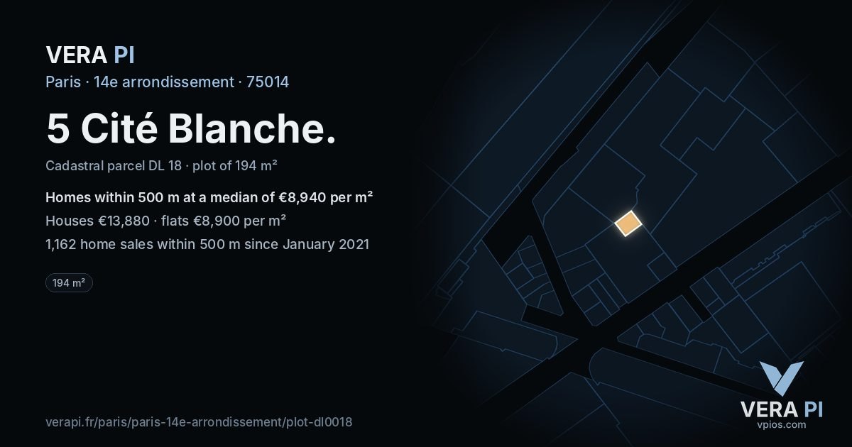 5 Cité Blanche, 14e arrondissement at night – the plot lit, the parcels around coloured by the prices near them