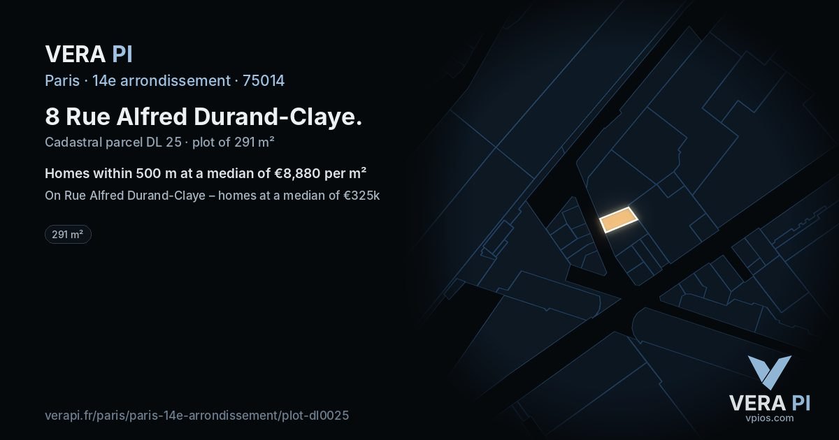 8 Rue Alfred Durand-Claye, 14e arrondissement at night – the plot lit, the parcels around coloured by the prices near them