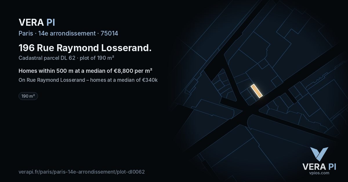 196 Rue Raymond Losserand, 14e arrondissement at night – the plot lit, the parcels around coloured by the prices near them