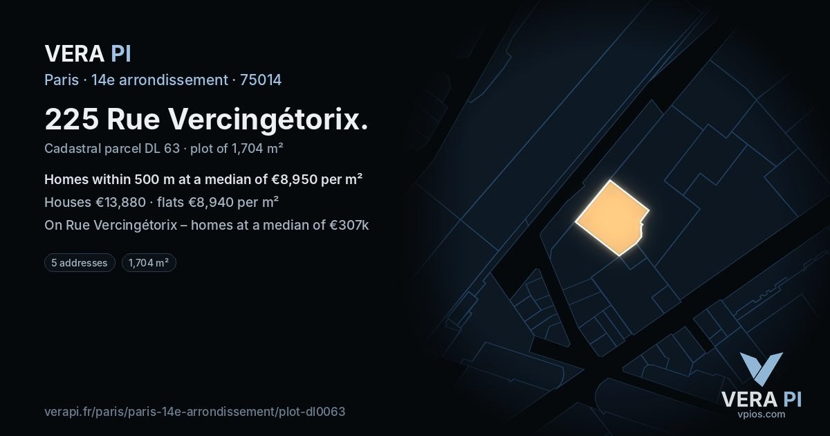 225 Rue Vercingétorix, 14e arrondissement at night – the plot lit, the parcels around coloured by the prices near them