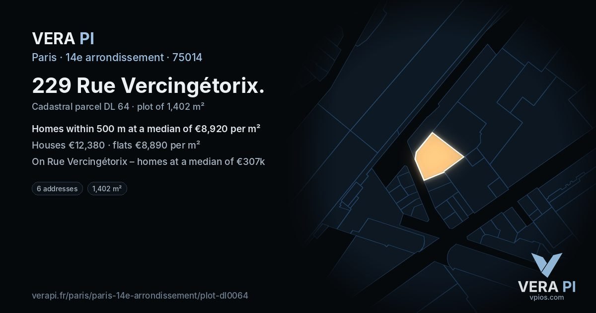 229 Rue Vercingétorix, 14e arrondissement at night – the plot lit, the parcels around coloured by the prices near them