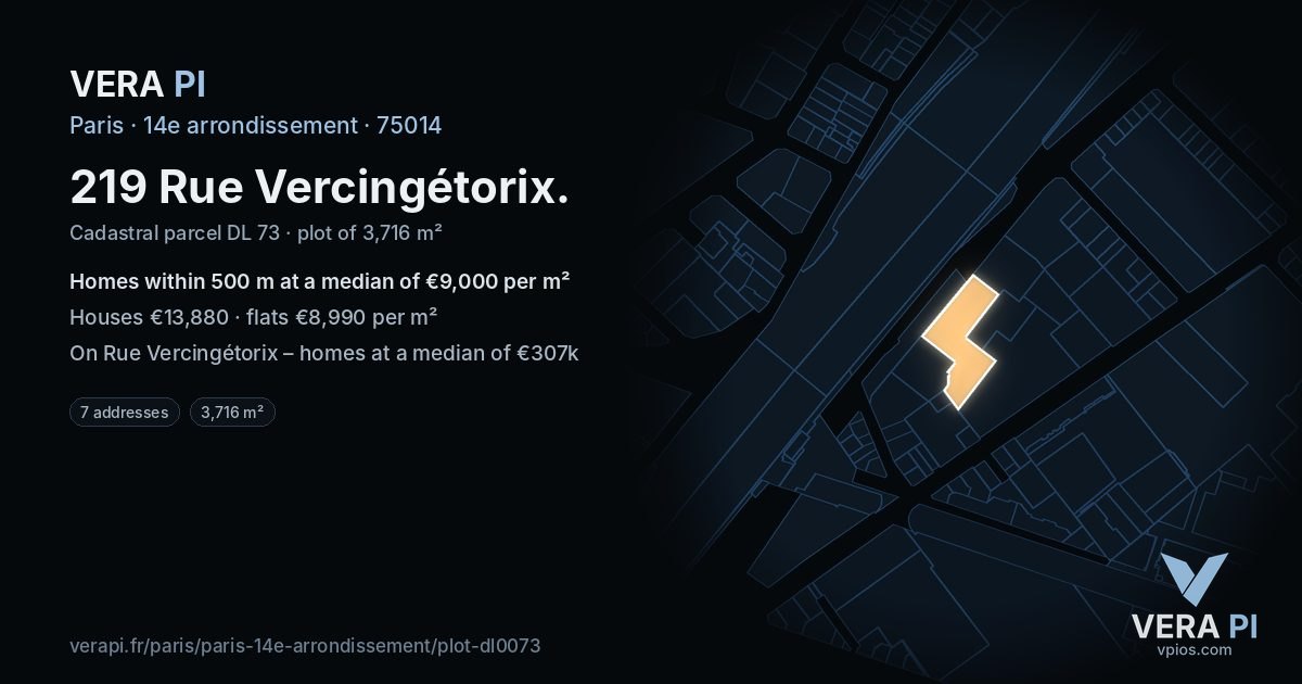 219 Rue Vercingétorix, 14e arrondissement at night – the plot lit, the parcels around coloured by the prices near them
