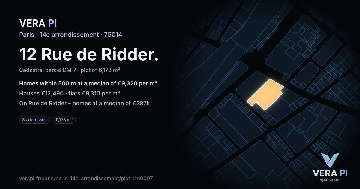 12 Rue de Ridder, 14e arrondissement at night – the plot lit, the parcels around coloured by the prices near them