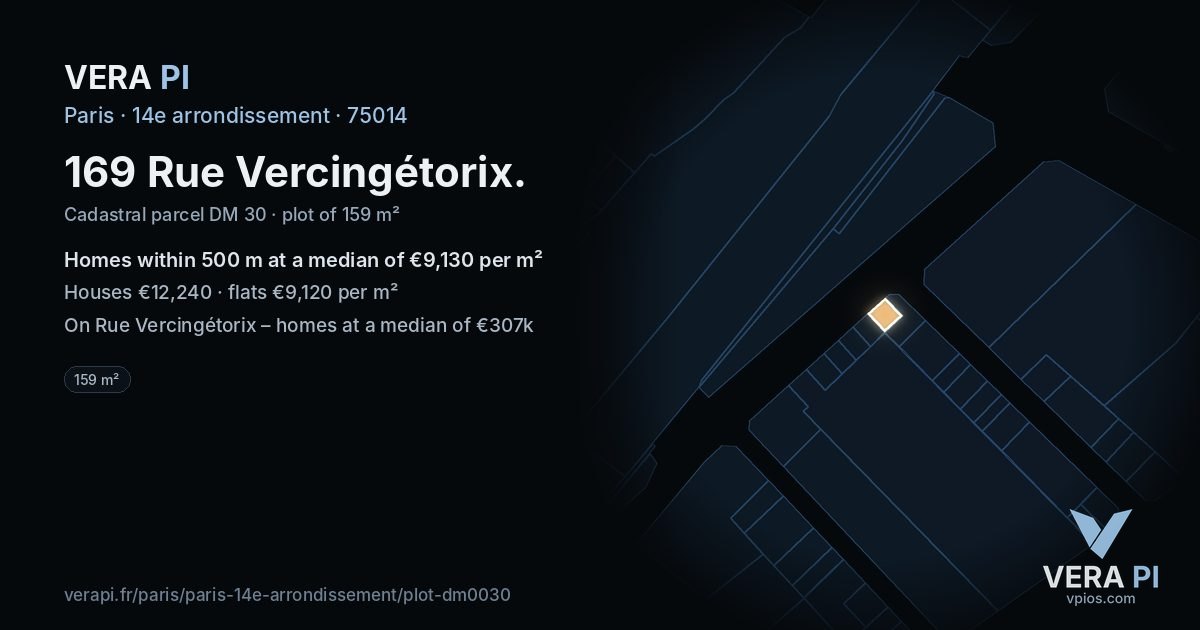 169 Rue Vercingétorix, 14e arrondissement at night – the plot lit, the parcels around coloured by the prices near them