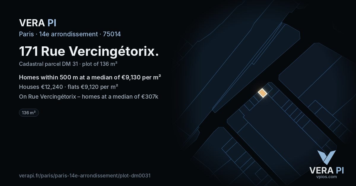 171 Rue Vercingétorix, 14e arrondissement at night – the plot lit, the parcels around coloured by the prices near them