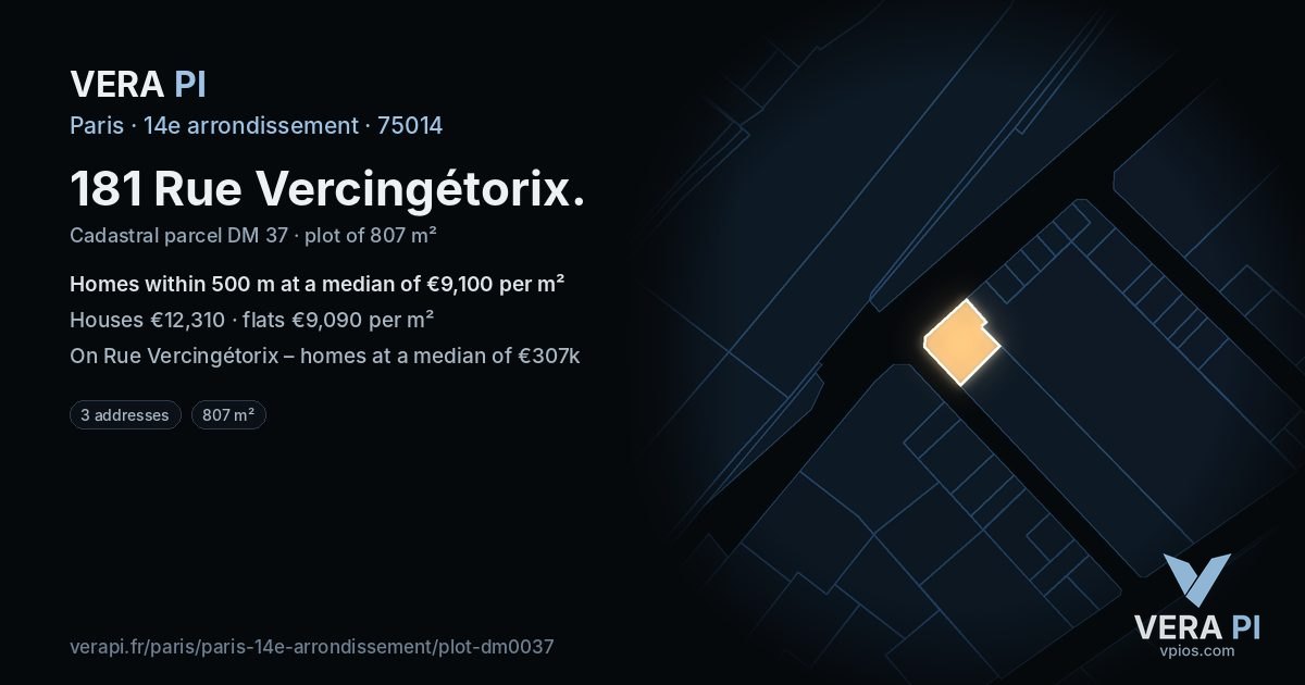 181 Rue Vercingétorix, 14e arrondissement at night – the plot lit, the parcels around coloured by the prices near them