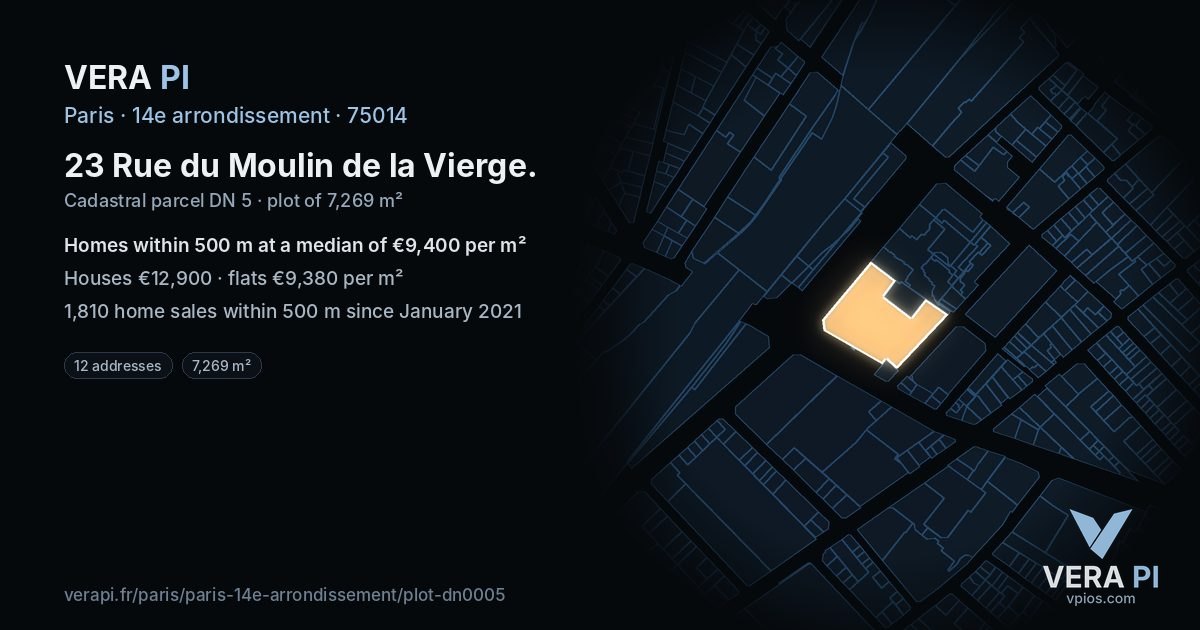 23 Rue du Moulin de la Vierge, 14e arrondissement at night – the plot lit, the parcels around coloured by the prices near them