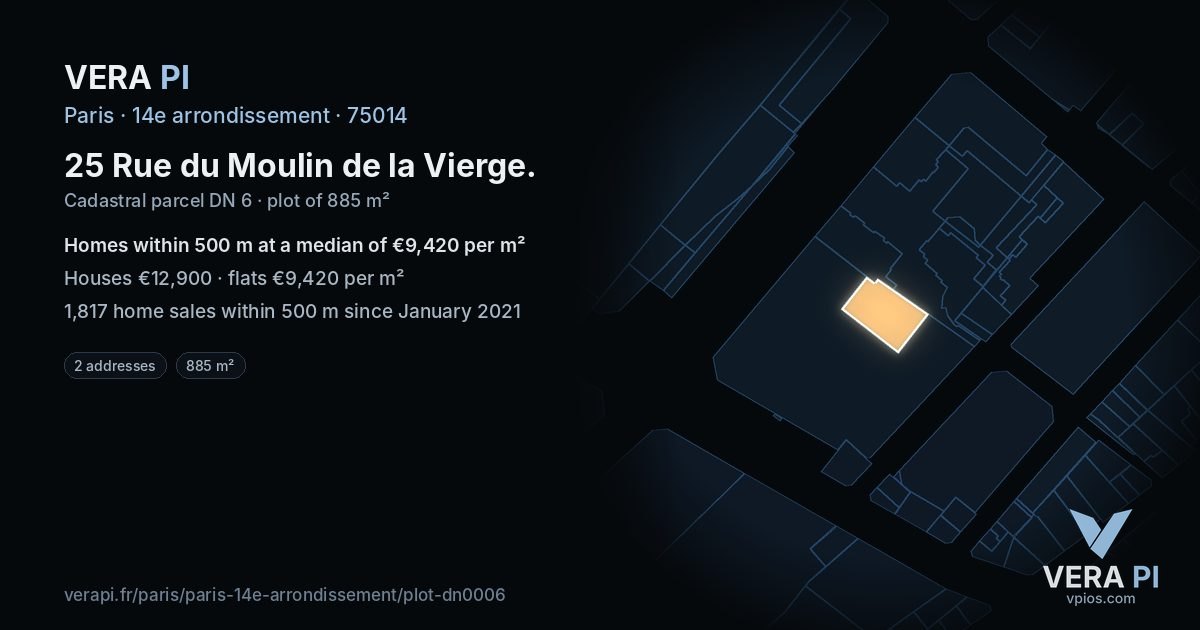 25 Rue du Moulin de la Vierge, 14e arrondissement at night – the plot lit, the parcels around coloured by the prices near them