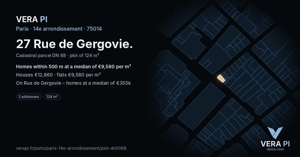 27 Rue de Gergovie, 14e arrondissement at night – the plot lit, the parcels around coloured by the prices near them
