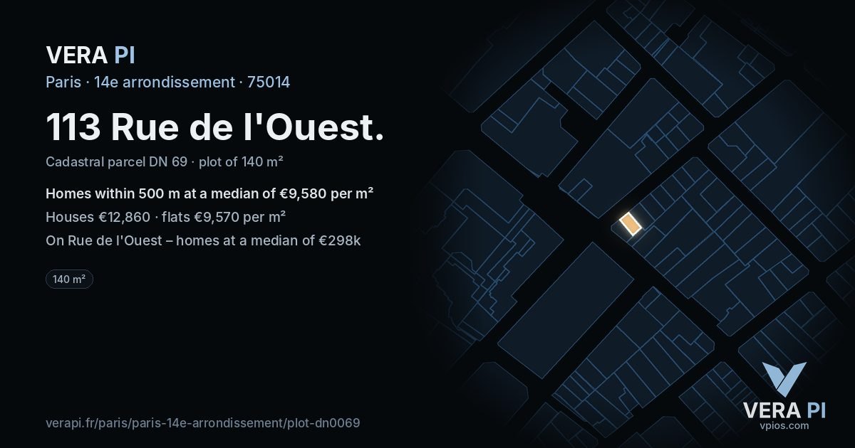 113 Rue de l'Ouest, 14e arrondissement at night – the plot lit, the parcels around coloured by the prices near them