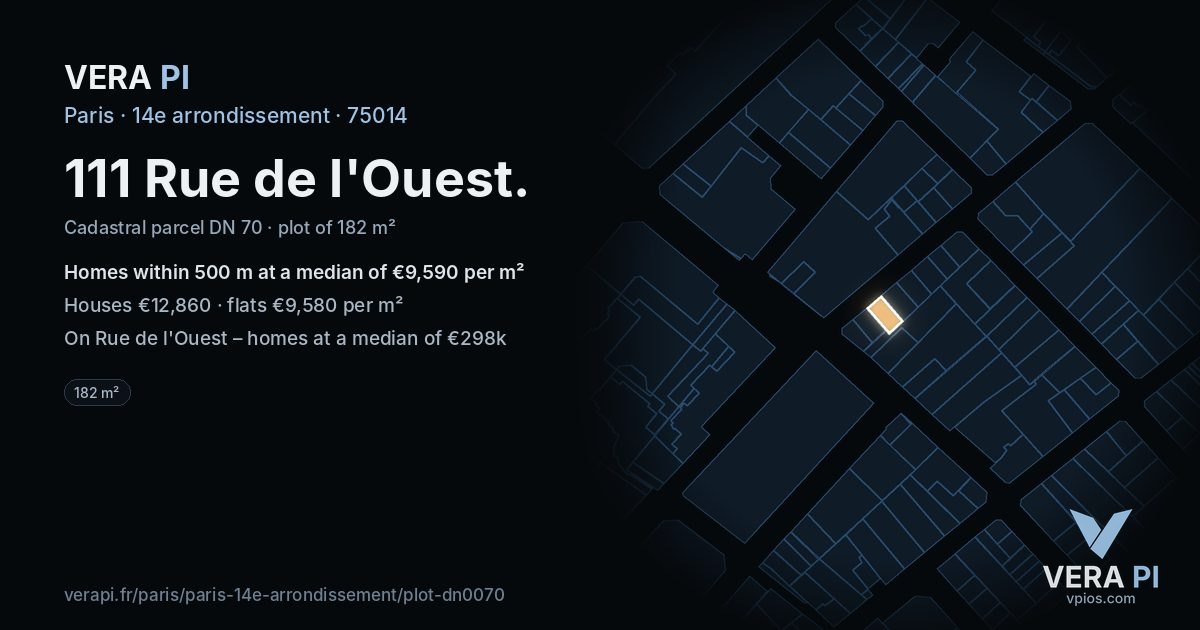111 Rue de l'Ouest, 14e arrondissement at night – the plot lit, the parcels around coloured by the prices near them
