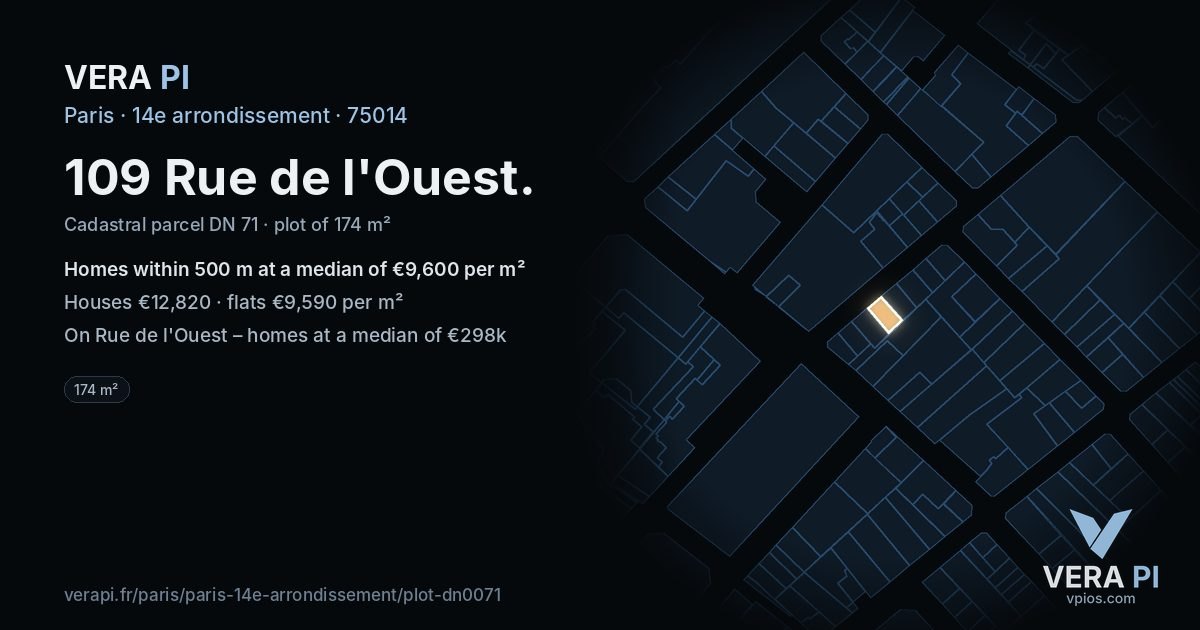 109 Rue de l'Ouest, 14e arrondissement at night – the plot lit, the parcels around coloured by the prices near them