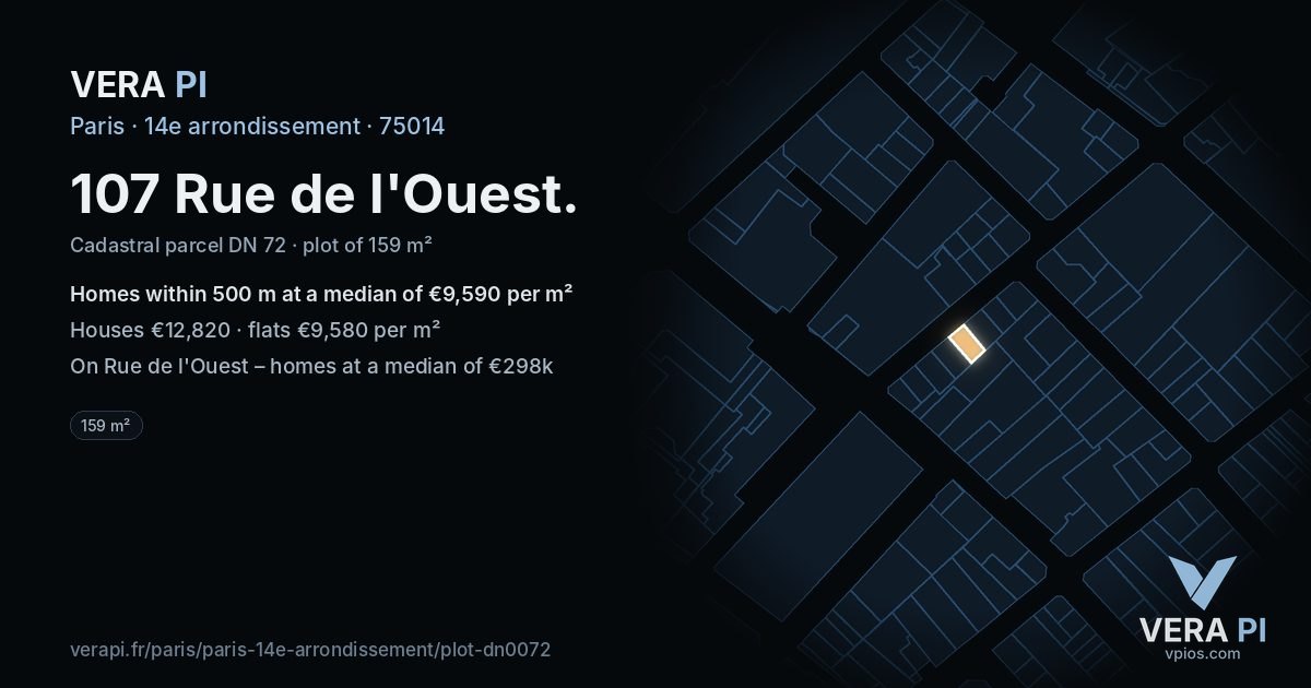 107 Rue de l'Ouest, 14e arrondissement at night – the plot lit, the parcels around coloured by the prices near them