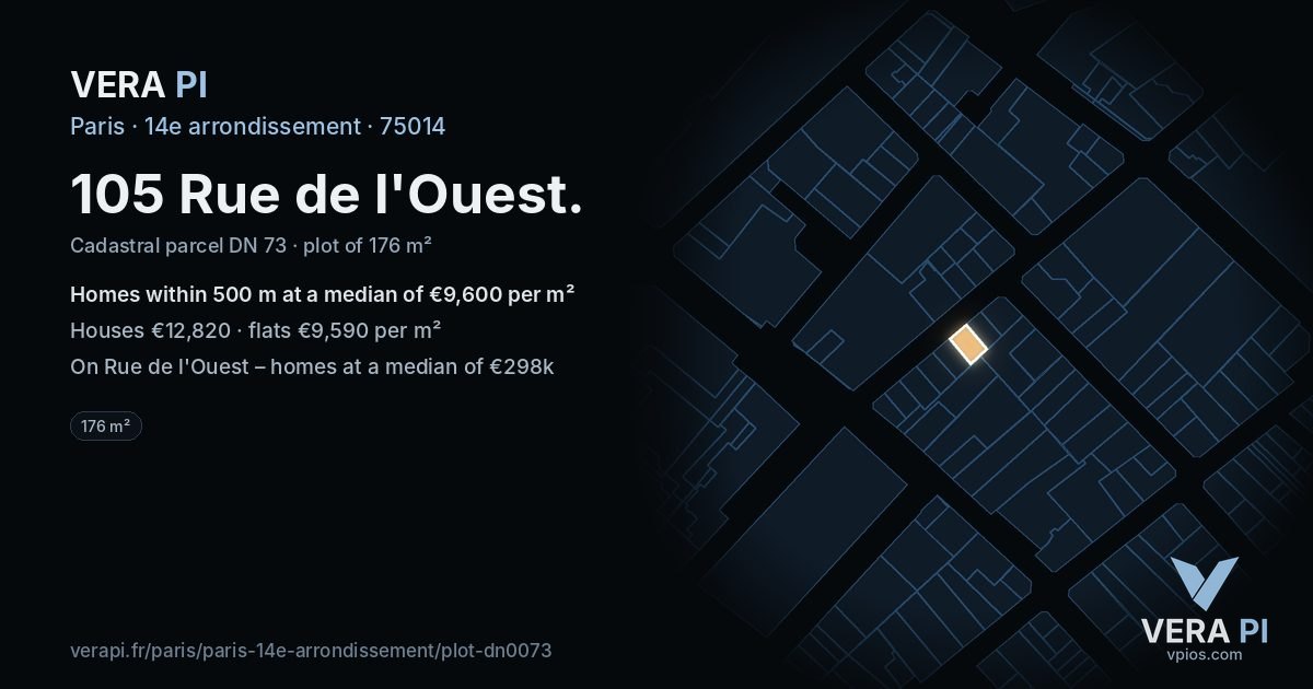 105 Rue de l'Ouest, 14e arrondissement at night – the plot lit, the parcels around coloured by the prices near them