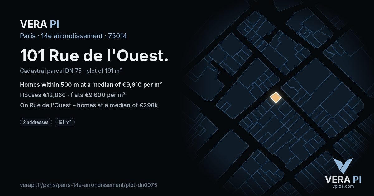 101 Rue de l'Ouest, 14e arrondissement at night – the plot lit, the parcels around coloured by the prices near them