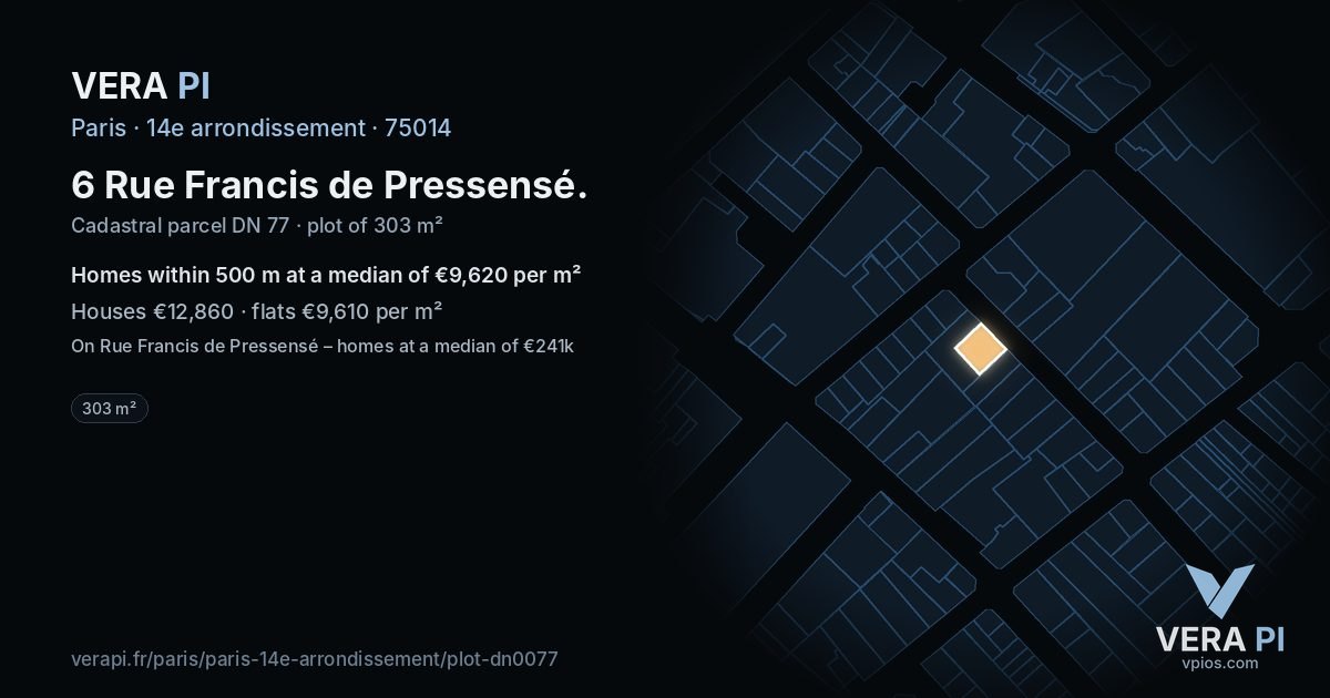 6 Rue Francis de Pressensé, 14e arrondissement at night – the plot lit, the parcels around coloured by the prices near them