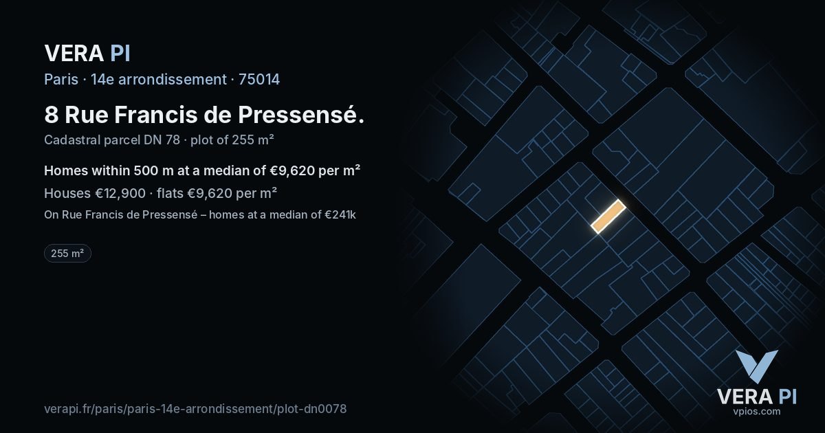 8 Rue Francis de Pressensé, 14e arrondissement at night – the plot lit, the parcels around coloured by the prices near them