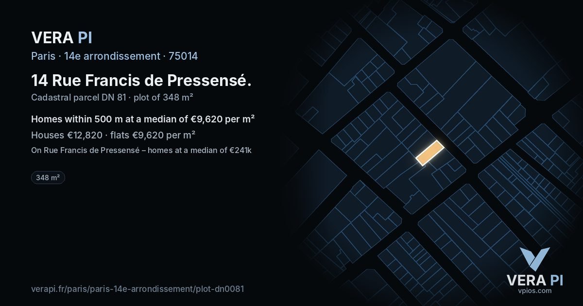 14 Rue Francis de Pressensé, 14e arrondissement at night – the plot lit, the parcels around coloured by the prices near them