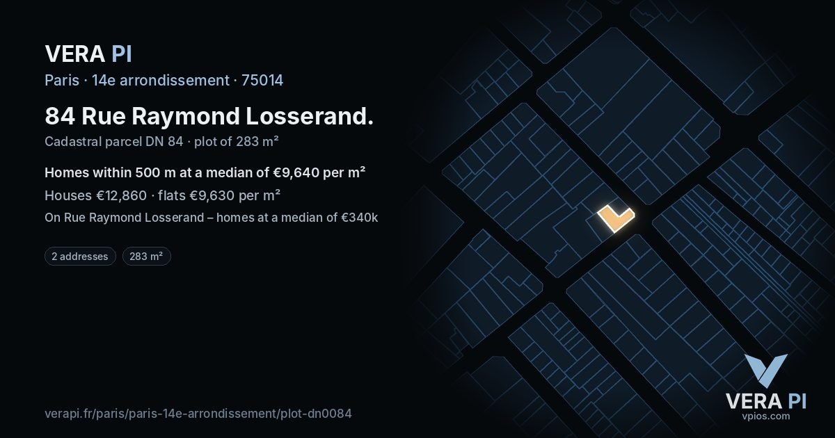84 Rue Raymond Losserand, 14e arrondissement at night – the plot lit, the parcels around coloured by the prices near them