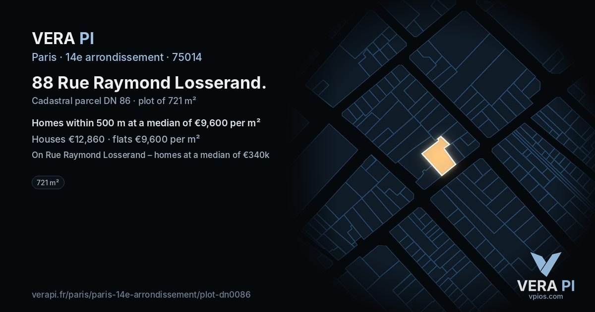 88 Rue Raymond Losserand, 14e arrondissement at night – the plot lit, the parcels around coloured by the prices near them