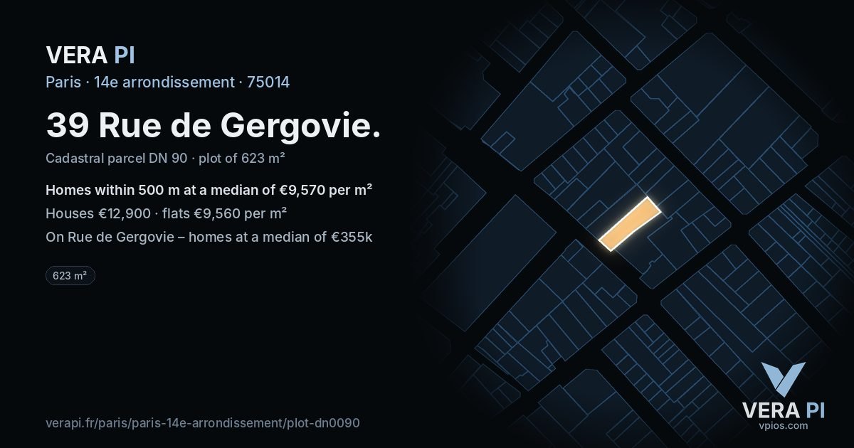 39 Rue de Gergovie, 14e arrondissement at night – the plot lit, the parcels around coloured by the prices near them