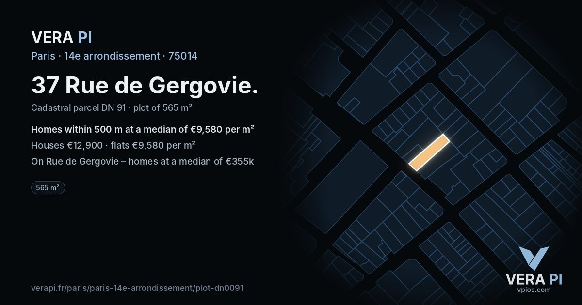 37 Rue de Gergovie, 14e arrondissement at night – the plot lit, the parcels around coloured by the prices near them