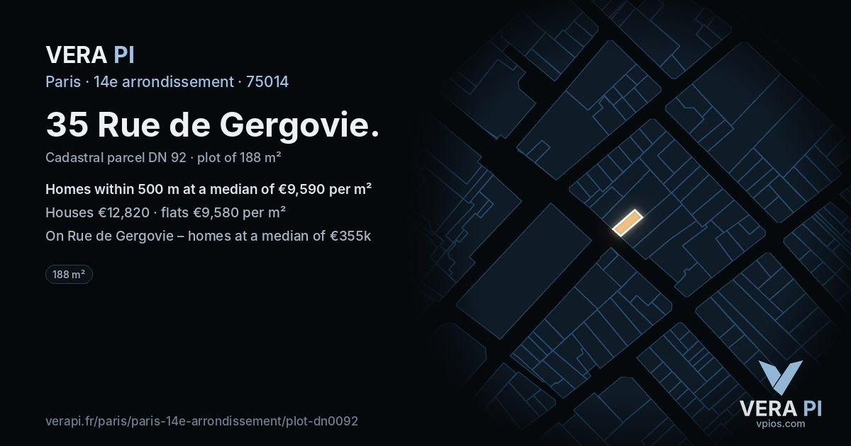 35 Rue de Gergovie, 14e arrondissement at night – the plot lit, the parcels around coloured by the prices near them