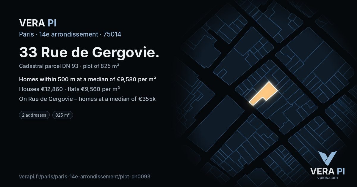 33 Rue de Gergovie, 14e arrondissement at night – the plot lit, the parcels around coloured by the prices near them