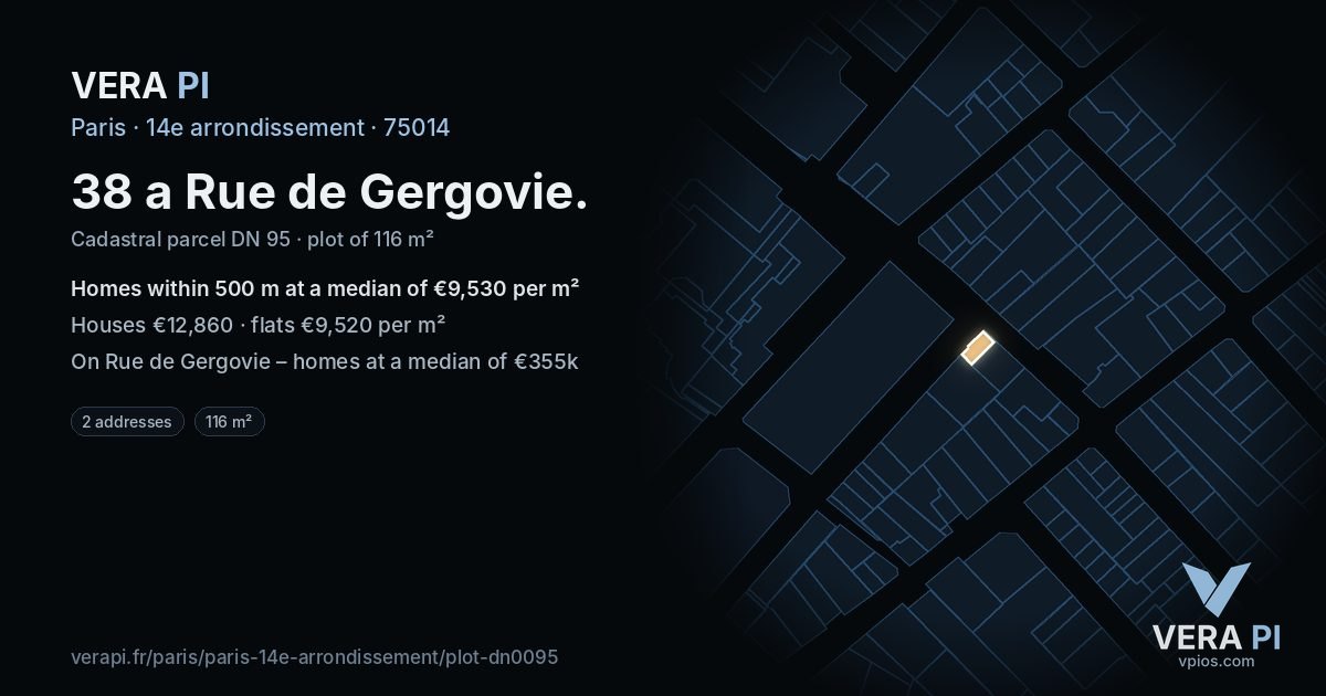 38 a Rue de Gergovie, 14e arrondissement at night – the plot lit, the parcels around coloured by the prices near them