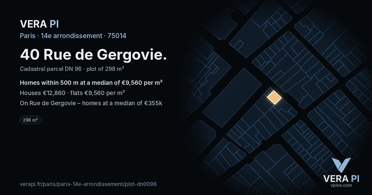 40 Rue de Gergovie, 14e arrondissement at night – the plot lit, the parcels around coloured by the prices near them