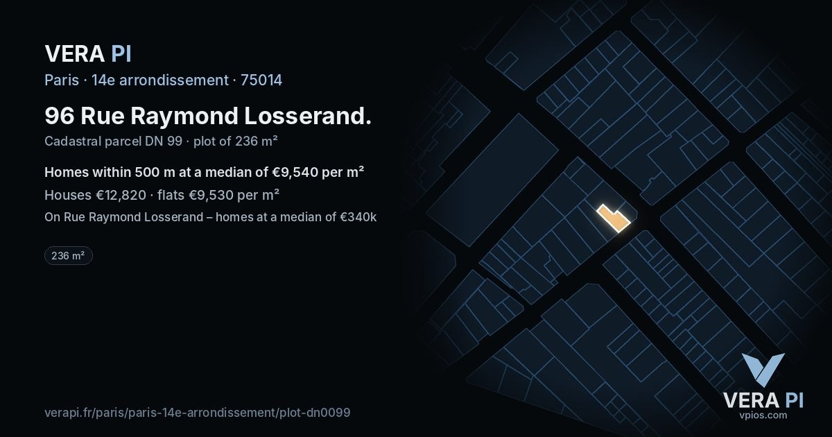 96 Rue Raymond Losserand, 14e arrondissement at night – the plot lit, the parcels around coloured by the prices near them
