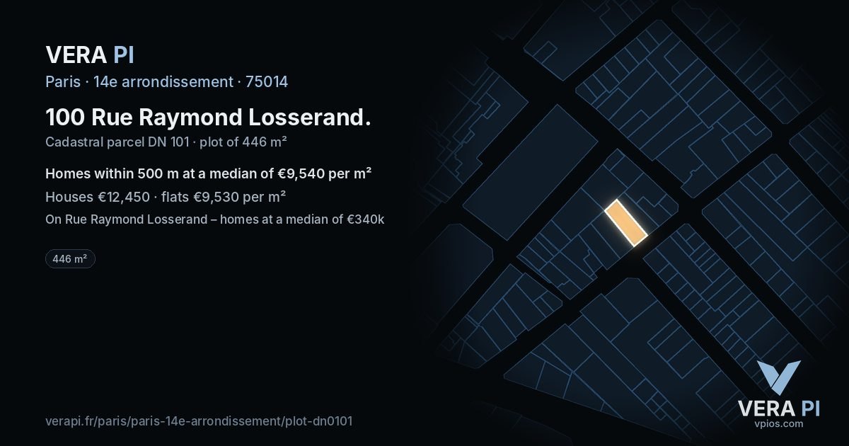 100 Rue Raymond Losserand, 14e arrondissement at night – the plot lit, the parcels around coloured by the prices near them