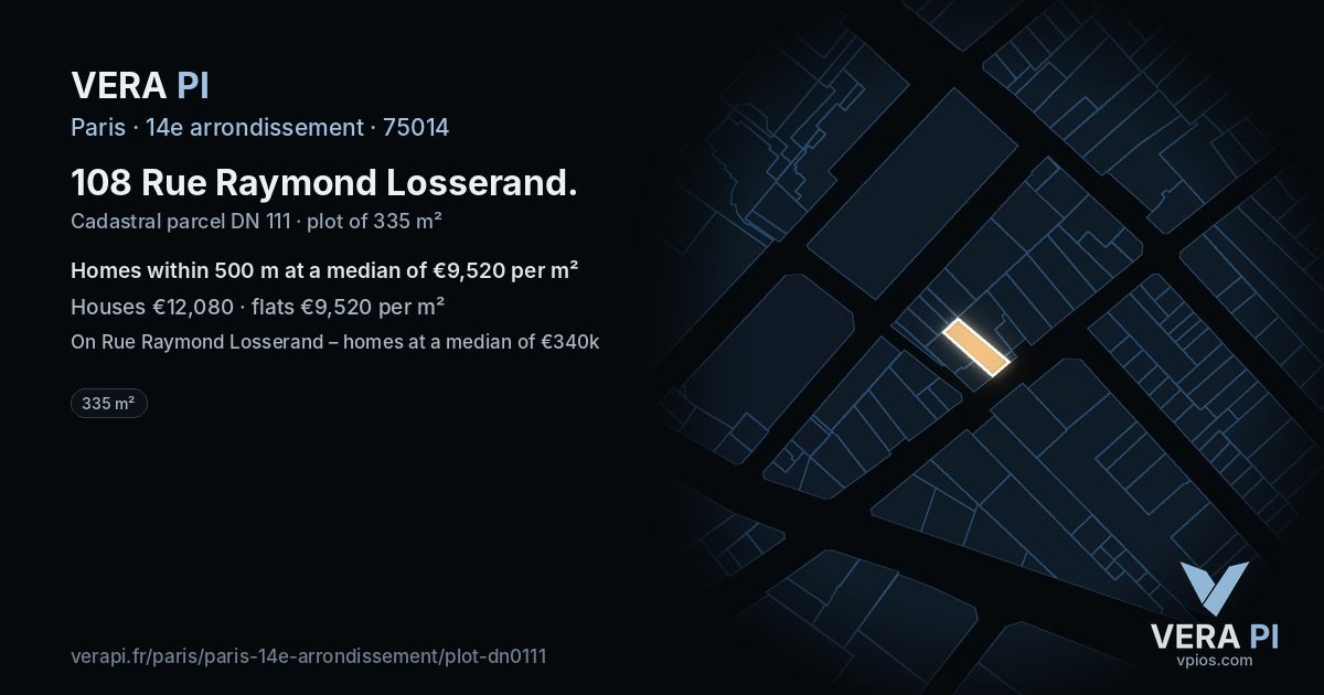 108 Rue Raymond Losserand, 14e arrondissement at night – the plot lit, the parcels around coloured by the prices near them