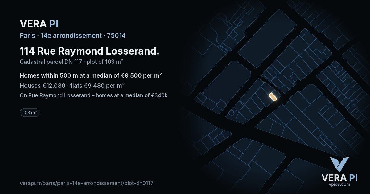 114 Rue Raymond Losserand, 14e arrondissement at night – the plot lit, the parcels around coloured by the prices near them
