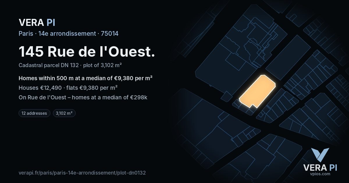 145 Rue de l'Ouest, 14e arrondissement at night – the plot lit, the parcels around coloured by the prices near them