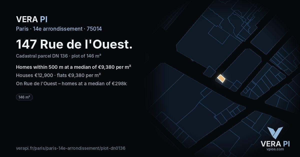 147 Rue de l'Ouest, 14e arrondissement at night – the plot lit, the parcels around coloured by the prices near them