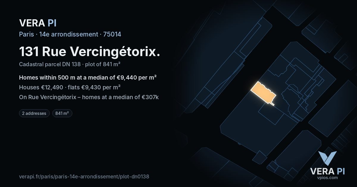 131 Rue Vercingétorix, 14e arrondissement at night – the plot lit, the parcels around coloured by the prices near them