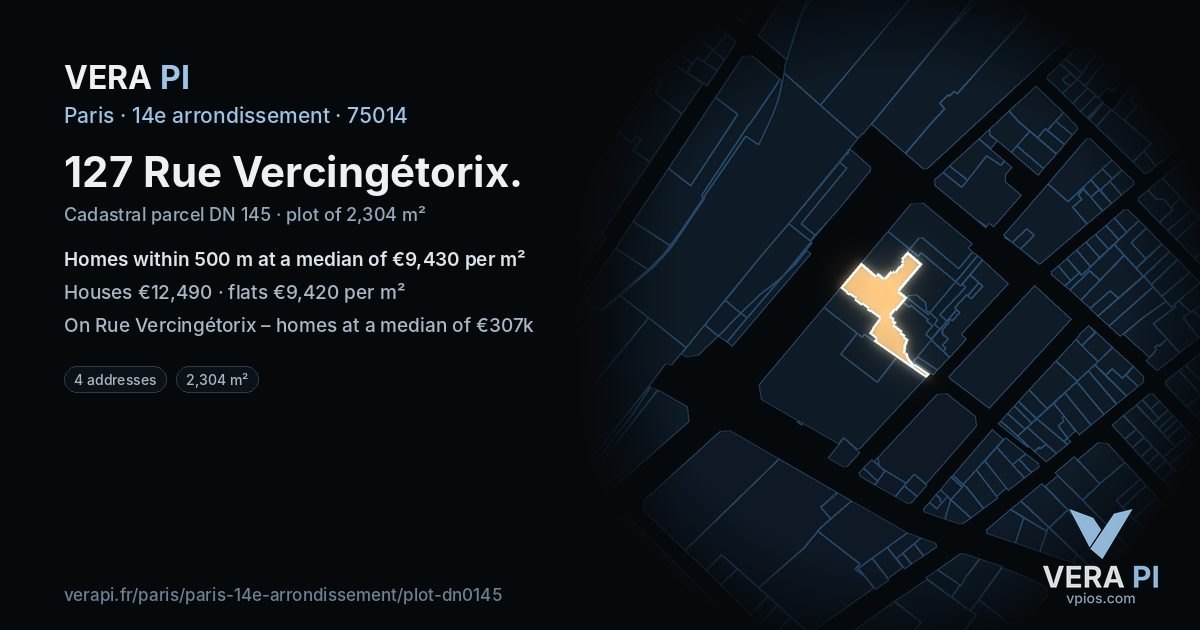 127 Rue Vercingétorix, 14e arrondissement at night – the plot lit, the parcels around coloured by the prices near them