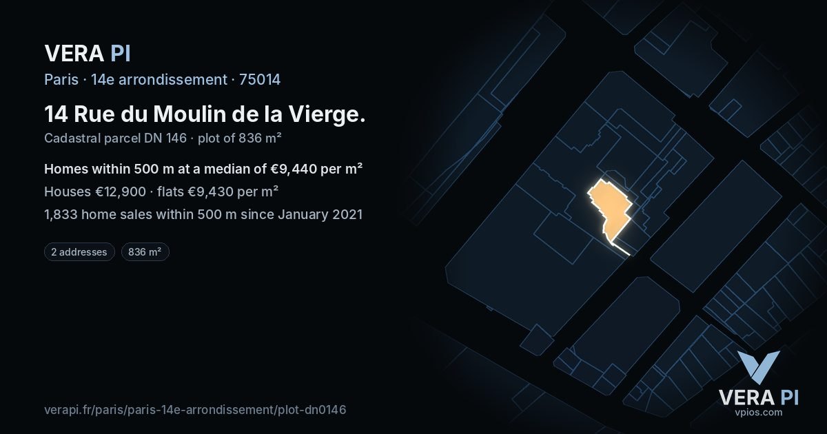 14 Rue du Moulin de la Vierge, 14e arrondissement at night – the plot lit, the parcels around coloured by the prices near them