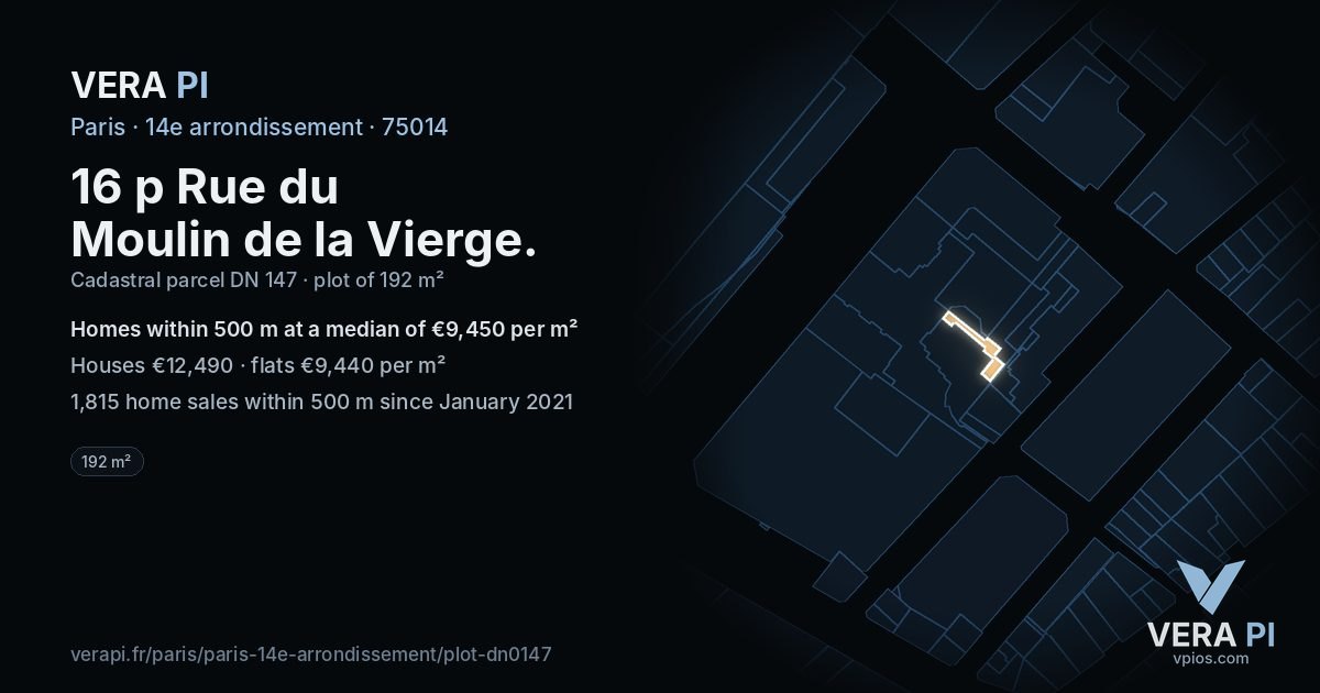 16 p Rue du Moulin de la Vierge, 14e arrondissement at night – the plot lit, the parcels around coloured by the prices near them