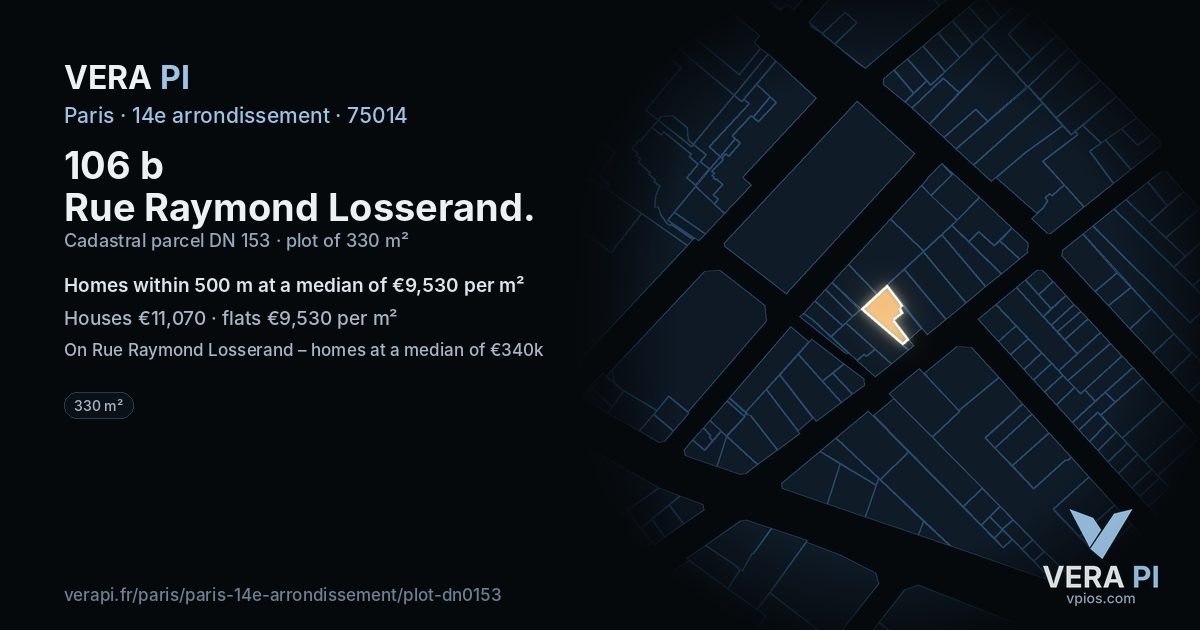 106 b Rue Raymond Losserand, 14e arrondissement at night – the plot lit, the parcels around coloured by the prices near them
